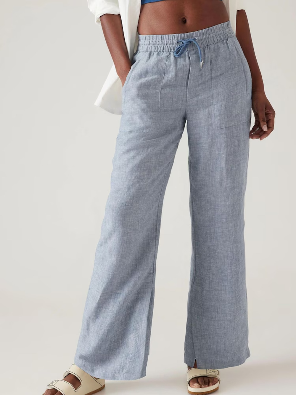 Athleta Retreat Linen Wide Leg Pants Womens 4 Chambray Blue Drawstring High Rise